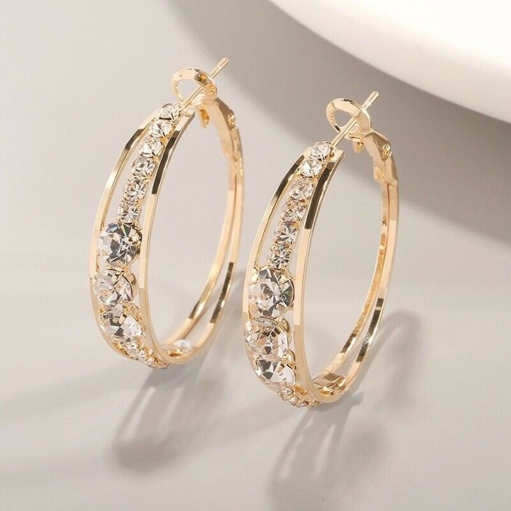 Gorgeous 18K Gold Plated White Sapphire Hoop Earrings